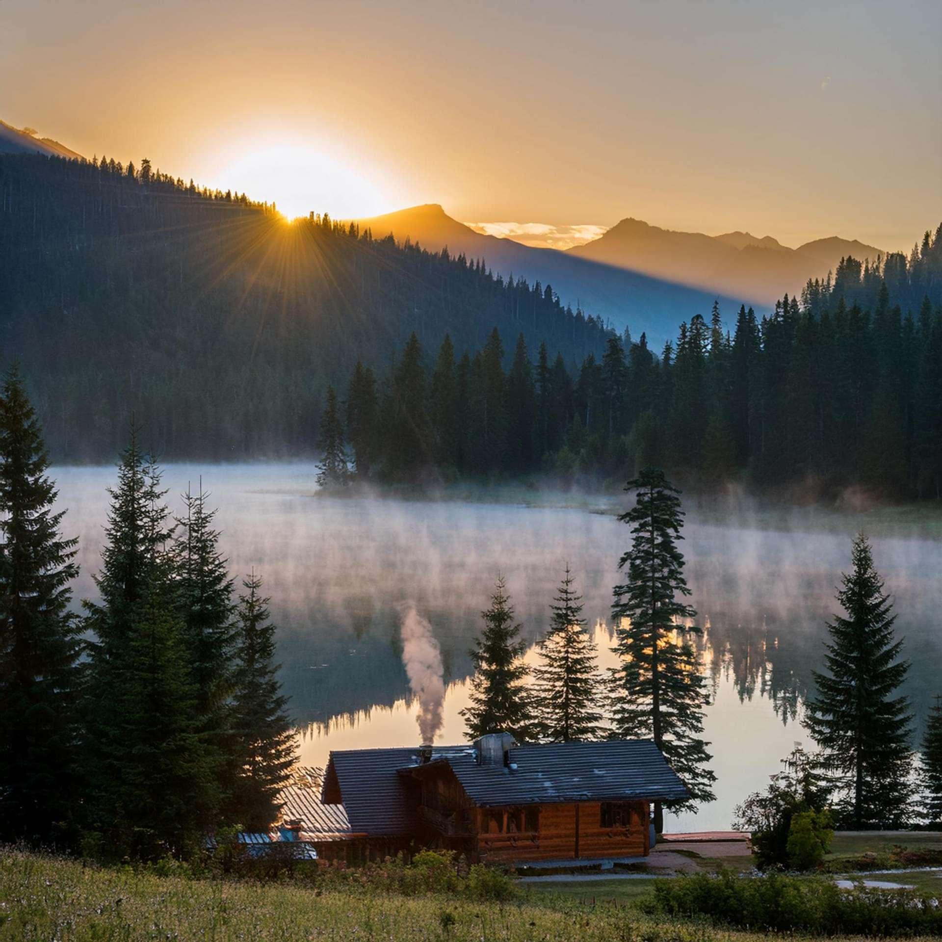 Een voorbeeld van een Foto-inhoudstype in Firefly toont een kleine hut met een blauw dak tussen de bomen aan een mistig meer bij zonsopgang of zonsondergang, met glooiende heuvels op de achtergrond.