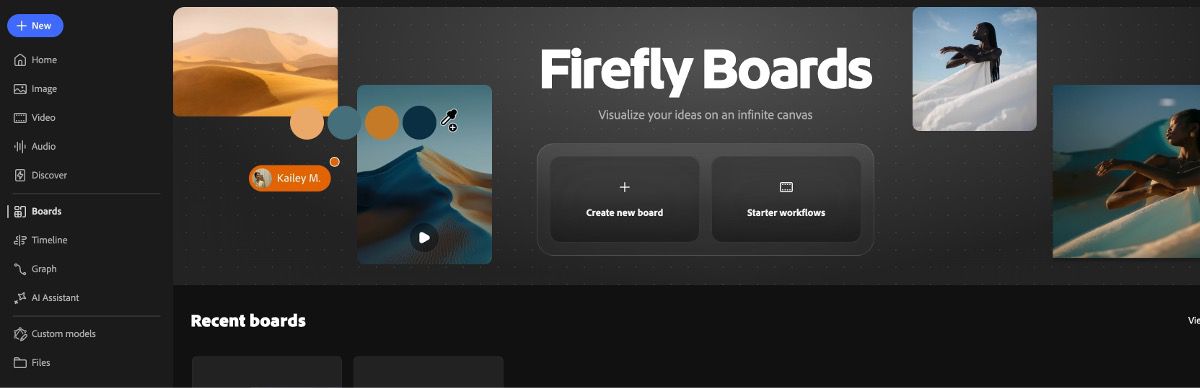 Firefly Boards workspace showing options to create a new board or open starter workflows.
