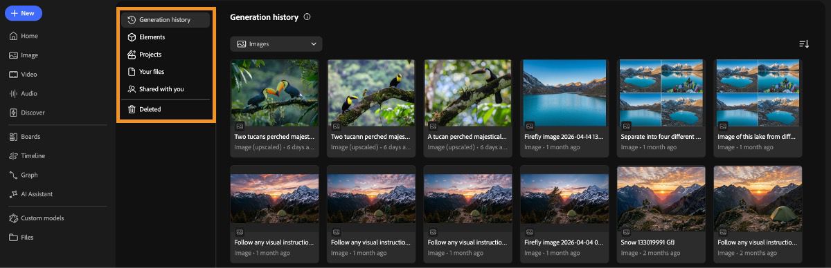 Firefly File menu opened to the Generation history page showing saved images and file management options.