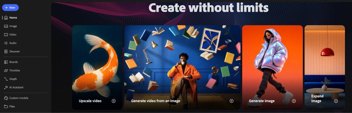 Firefly Home displays featured cards for upscaling video, generating videos, generating images, and expanding images.
