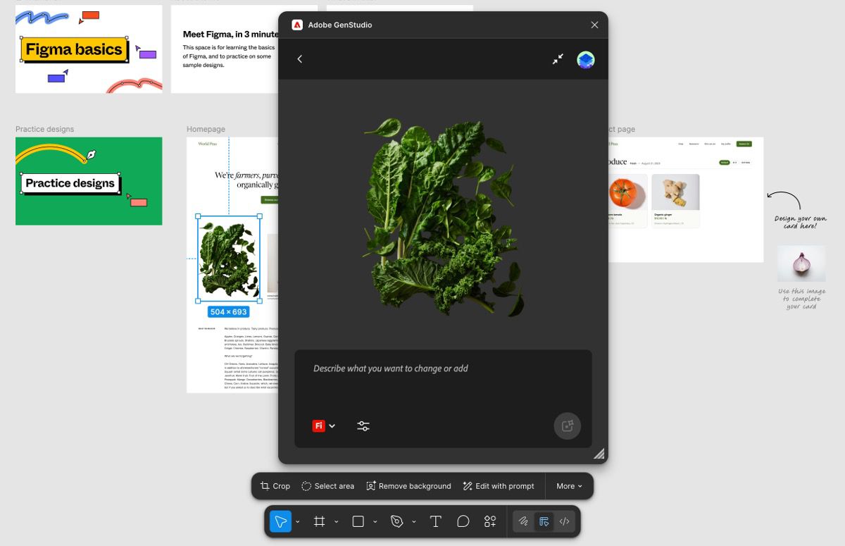 Panel de Firefly en Figma que muestra la interfaz Indicación para editar, incluyendo opciones para añadir una indicación, elegir un modelo y ajustar la configuración de generación.