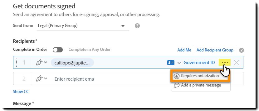 La página de Envío con la configuración del firmante de Notarize resaltada