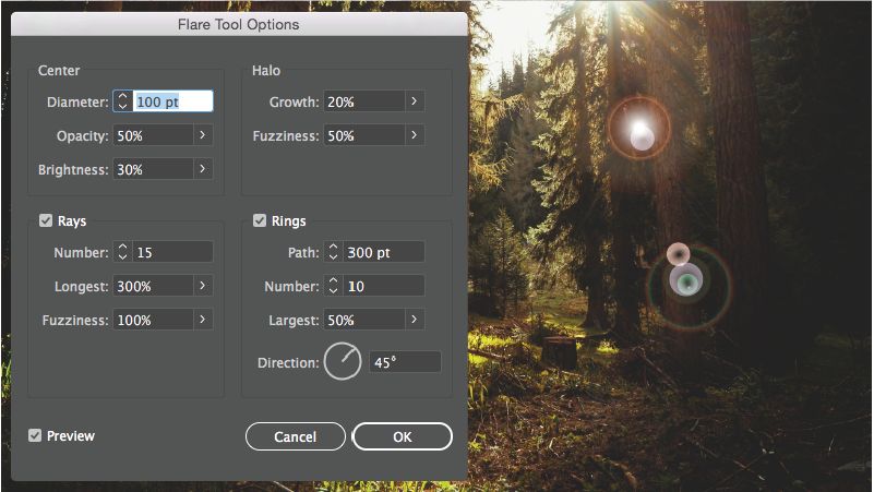 Cuadro de diálogo Opciones de la herramienta Destello con opciones para especificar configuraciones para Centro, Halo, Rayos y Anillos de destello.