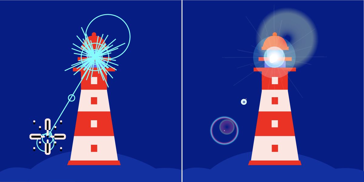 Un centre lumineux, un halo, des rayons et des anneaux sont ajoutés à un phare à l’aide de l’outil Halo.