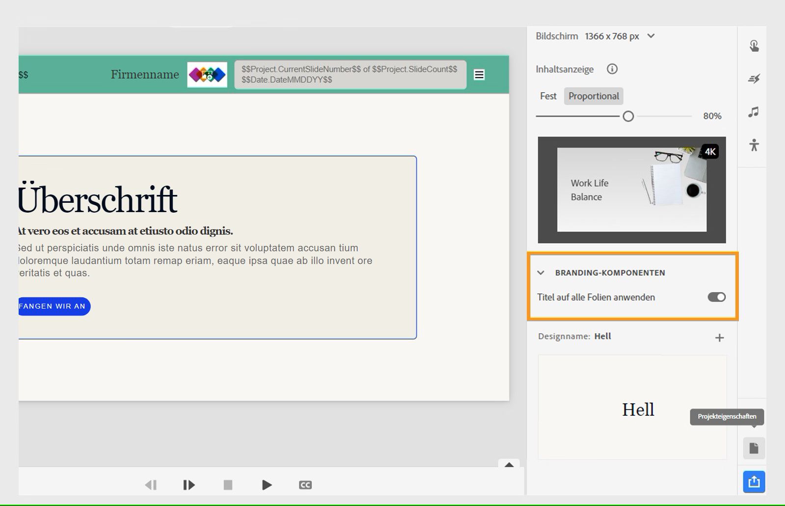 Verwenden desselben Titels auf allen Folien
