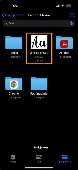 Skriftfil synlig i Files-appen på iPhone, klar til å deles til Premiere på iPhone.