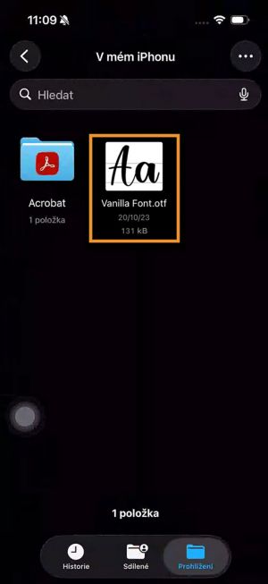 Soubor písma viditelný v aplikaci Soubory na iphone, připravený ke sdílení do premiere na iphone.
