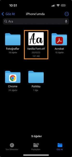 iPhone'daki Dosyalar uygulamasında görünen ve iPhone Premiere uygulaması ile paylaşılmaya hazır font dosyası.