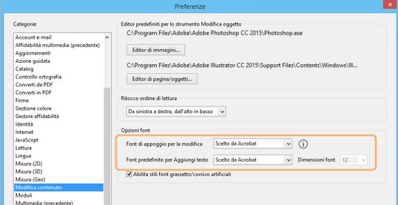 Impostazioni di Opzioni font per la modifica e l’aggiunta di testo