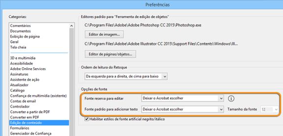 Configurações das opções de fonte para editar texto e adicionar novo texto