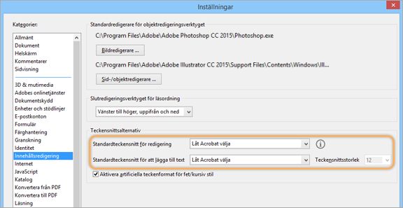 Teckensnittsalternativinställningar för att redigera text och lägga till ny text