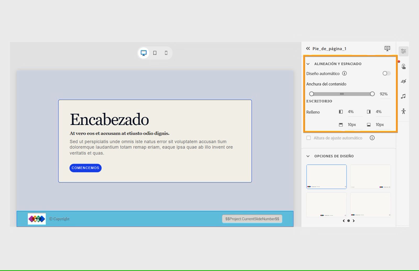 Cambiar la alineación del pie de página
