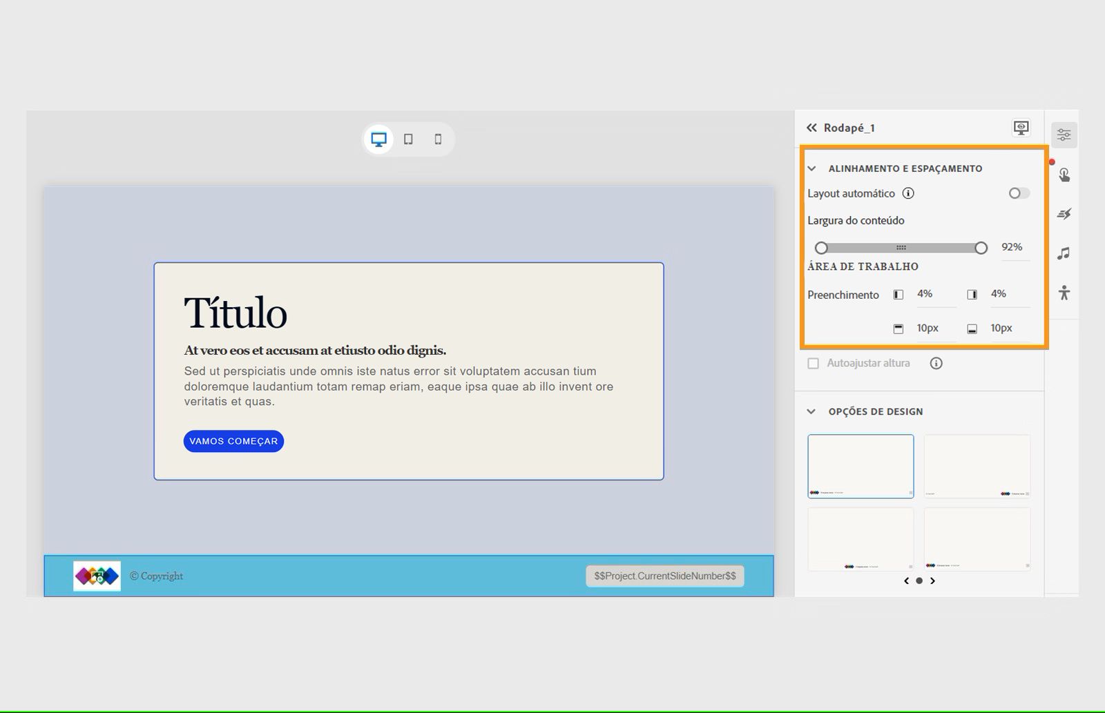 Alterar o alinhamento do rodapé