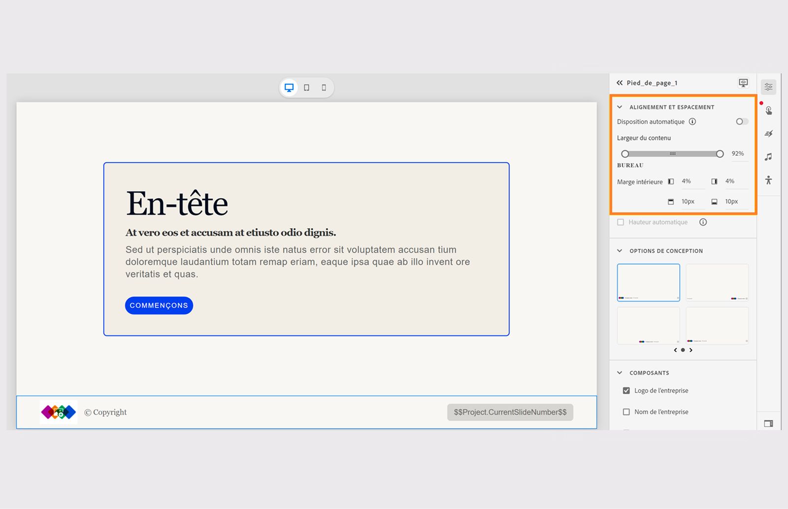 Modification de l’alignement du pied de page