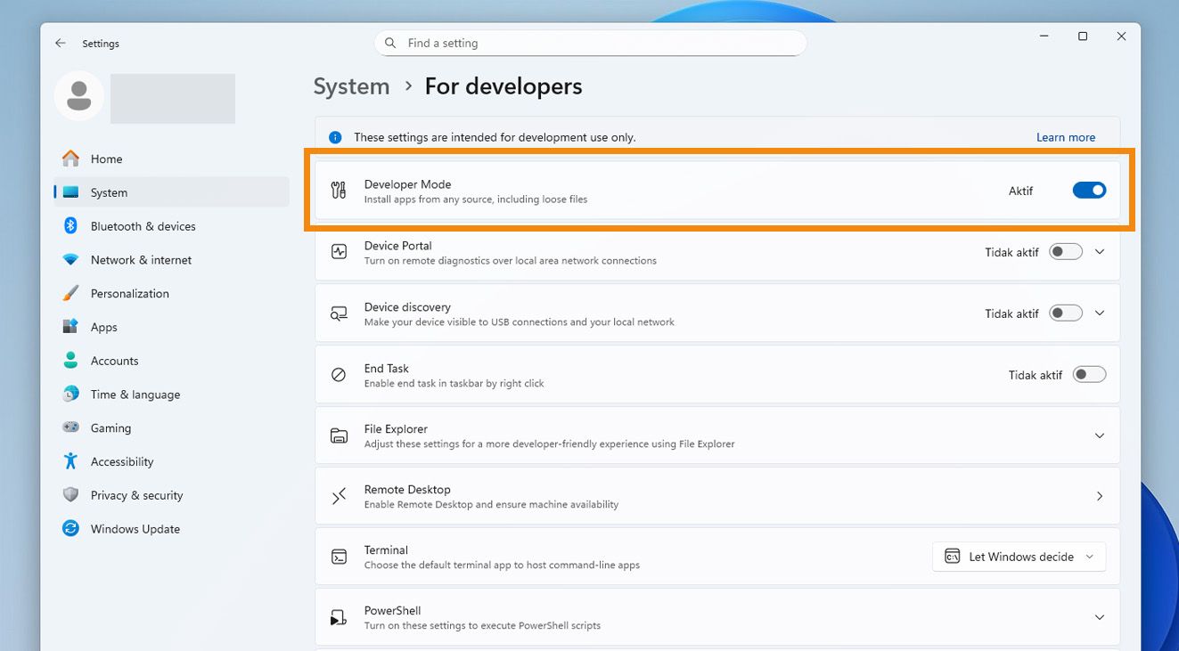 Menu For developers pada Pengaturan Sistem menampilkan opsi Developer Mode 'Instal aplikasi dari sumber mana pun, termasuk file lepas' yang diaktifkan.