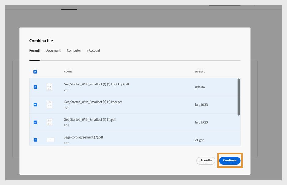 Nella finestra di dialogo Combina file sono selezionati quattro file nella scheda Recenti. Il pulsante Continua è evidenziato.