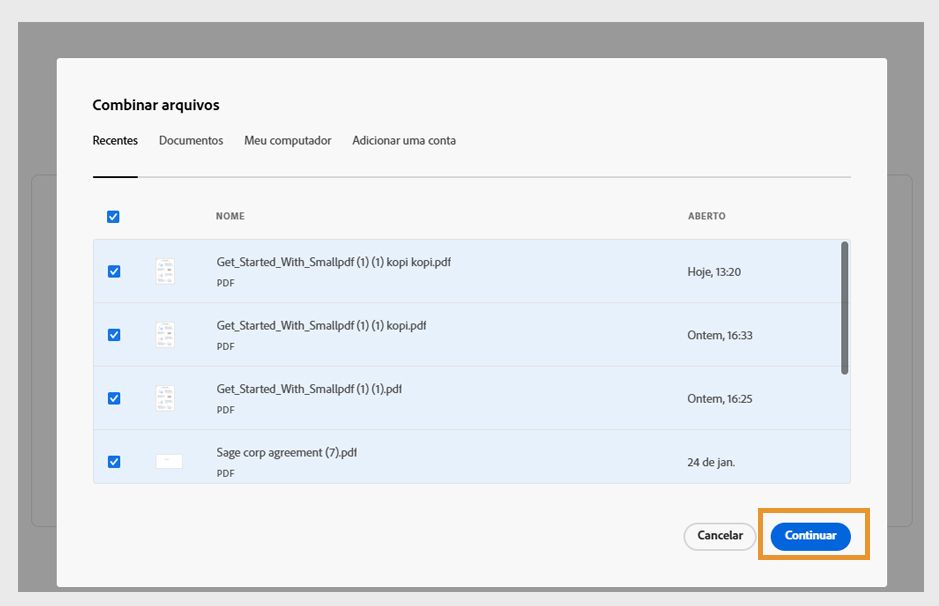 Quatro arquivos na guia Recentes selecionados na caixa de diálogo Combinar arquivos, com o botão Continuar em destaque.