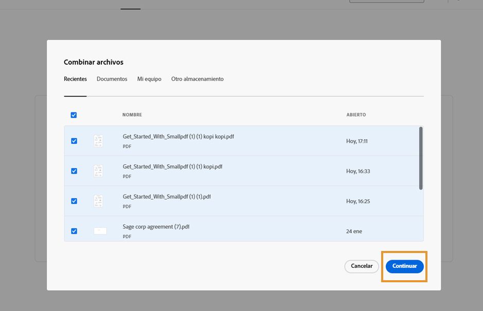 En el cuadro de diálogo Combinar archivos se seleccionan cuatro archivos de la pestaña Recientes. El botón Continuar aparece resaltado.