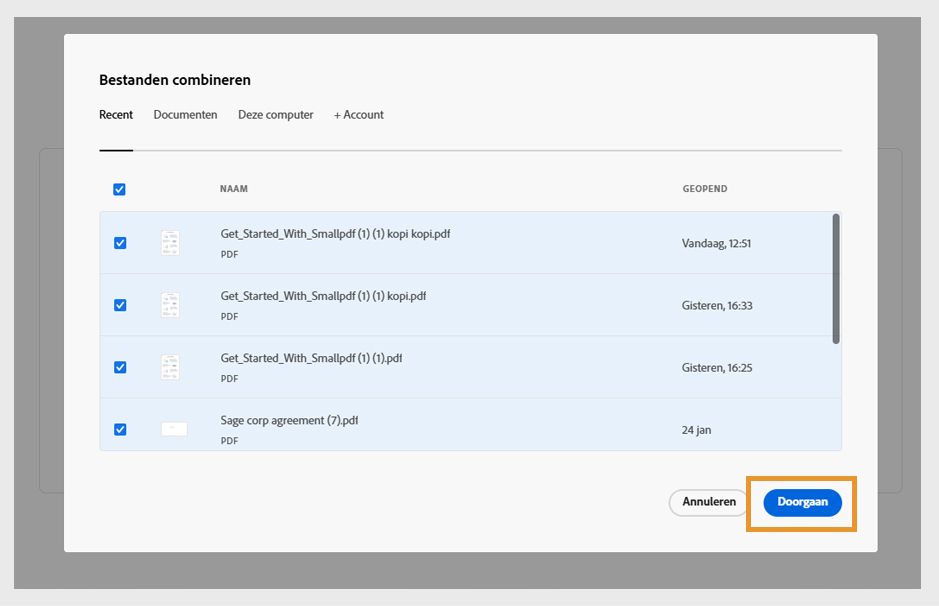 Vier bestanden op het tabblad Recent zijn geselecteerd in het dialoogvenster Bestanden combineren. De knop Doorgaan is gemarkeerd.