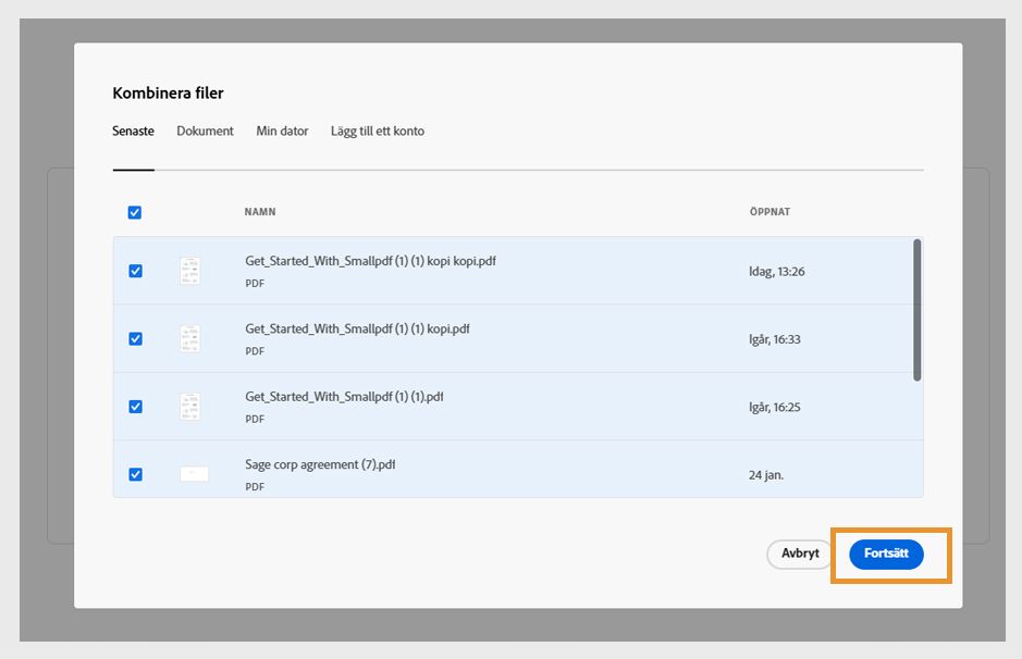 Fyra filer under fliken Senaste är valda i dialogrutan Kombinera filer. Knappen Fortsätt är markerad.
