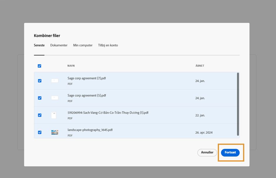 Fire filer under fanen Seneste vælges i dialogboksen Kombiner filer. Knappen Fortsæt er fremhævet.