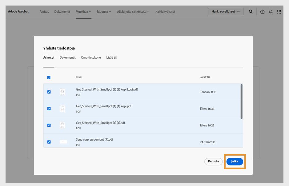 Neljä tiedostoa Viimeksi käytetyt -välilehdestä on valittu Yhdistä tiedostoja -valintaikkunassa. Jatka-painike on korostettuna.