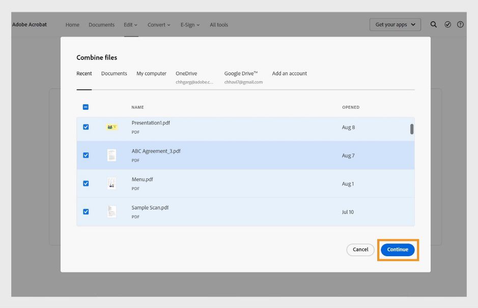 May apat na file sa ilalim ng Recent tab ang napili sa dialog box na Combine files. Naka-highlight ang button na continue.