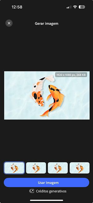 Quatro opções da imagem ampliada geradas, mostradas lado a lado, com controles para pré-visualizar e escolher a opção favorita, tocando-se em “Usar imagem”.