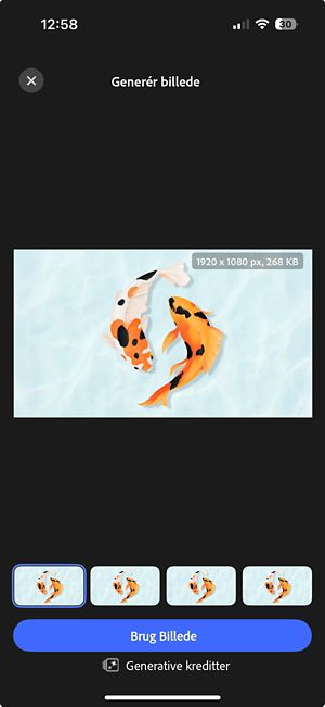 Fire genererede udvidede billedmuligheder vist side om side med kontrolelementer til forhåndsvisning og valg af den foretrukne ved at trykke på Brug billede.