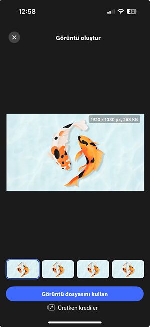 Dört adet oluşturularak genişletilmiş görüntü seçeneği ve yanında önizleme yaparak Görüntüyü Kullan'a dokunmak suretiyle tercih ettiğinizi seçebileceğiniz kontroller.
