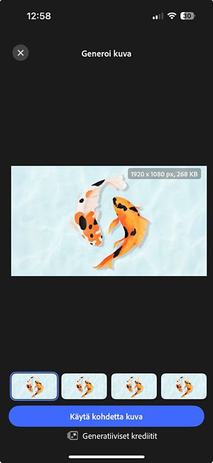 Neljä generoitua laajennettua kuvavaihtoehtoa näkyvät vierekkäin säätimien kanssa esikatselun tekemiseksi. Valitse haluamasi napauttamalla Käytä kuvaa.