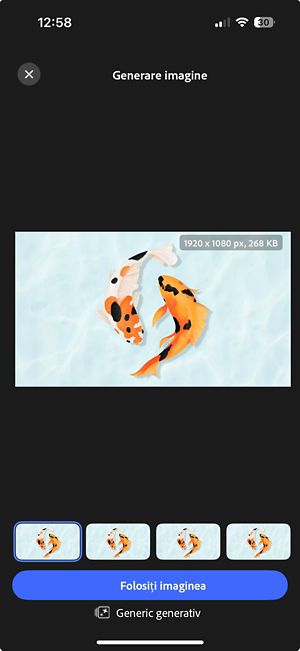 Patru opțiuni de imagine extinsă generate, afișate una lângă alta cu comenzi pentru previzualizare și alegerea imaginii preferate atingând Utilizare imagine.