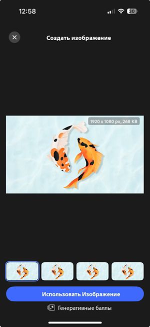 Рядом друг с другом отображаются четыре созданных расширенных варианта изображения. Имеются элементы управления, позволяющие выполнить предварительный просмотр и выбрать предпочитаемый вариант касанием пункта «Использовать изображение».