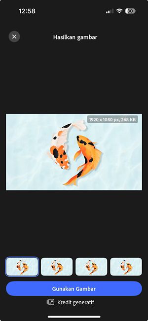 Empat pilihan gambar diperluas yang dihasilkan ditampilkan berdampingan dengan kontrol untuk melihat pratinjau dan memilih gambar yang disukai dengan mengetuk Gunakan Gambar.