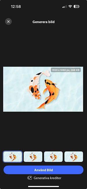 Fyra genererade utökade bilder visas bredvid varandra med kontroller för att förhandsgranska och välja önskat alternativ genom att trycka på Använd bild.