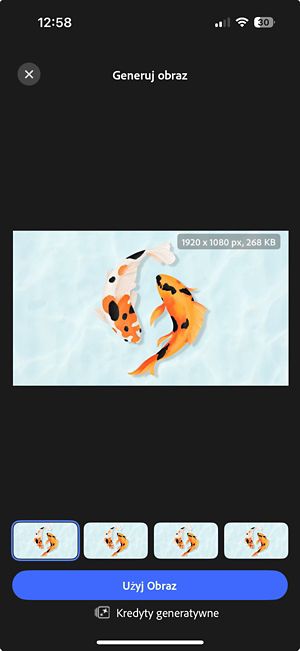 Cztery wygenerowane wersje rozszerzonego obrazu wyświetlane obok siebie z elementami sterującymi umożliwiającymi podgląd i wybór preferowanego obrazu za pomocą opcji Użyj obrazu.