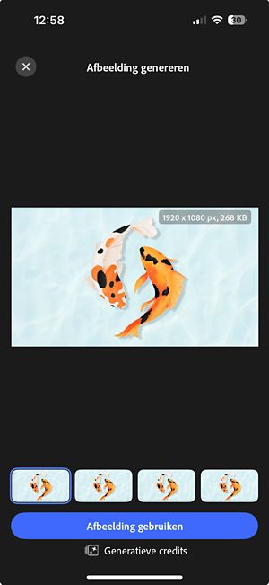 Vier gegenereerde uitgebreide afbeeldingsopties worden naast elkaar getoond met besturingselementen om een voorvertoning te bekijken en de gewenste afbeeldingsoptie te kiezen door op Afbeelding gebruiken te tikken.