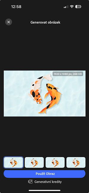 Čtyři vygenerované rozšířené volby obrazu zobrazené vedle sebe s ovládacími prvky zobrazují náhled a klepnutím na možnost Použít obraz vyberte požadovaný obrázek.