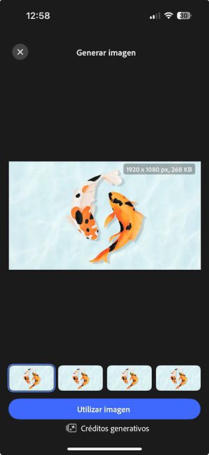 Se muestran cuatro opciones de imagen expandida generadas, una al lado de la otra, con controles para previsualizar y elegir la preferida pulsando Usar imagen.