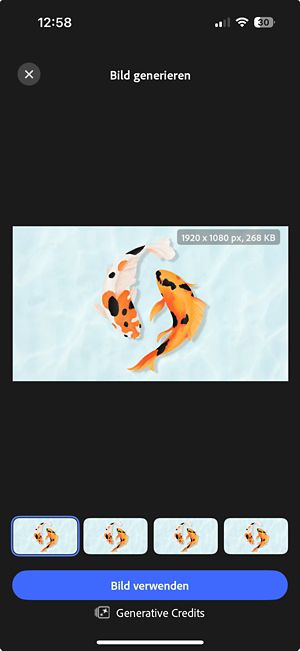 Vier generierte erweiterte Bildoptionen werden nebeneinander mit Steuerelementen zum Anzeigen einer Vorschau angezeigt. Wähle die bevorzugte Option, indem du auf „Bild verwenden“ tippst.