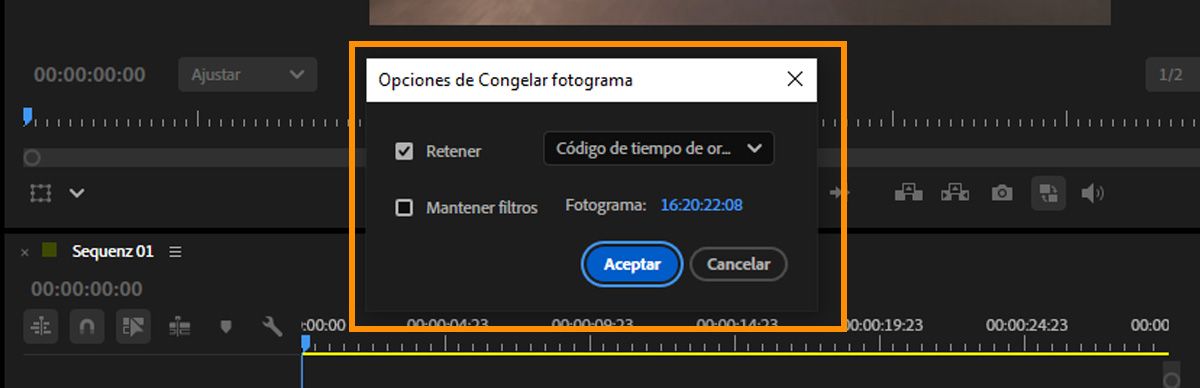 Diálogo de options de retención de marco que muestra Mantener en establecido en Código de tiempo de fuente, con un valor de código de tiempo de marco y la opción Mantener filtros.