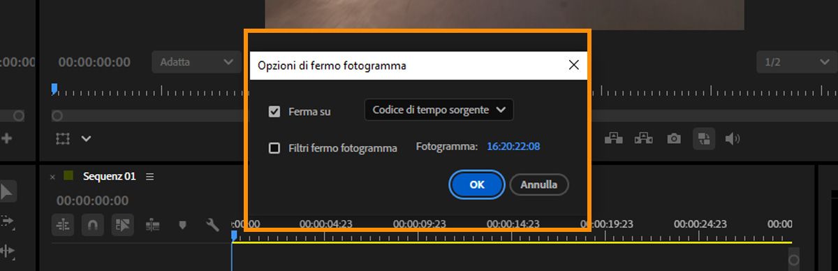 Finestra di dialogo Opzioni blocco fotogramma che mostra Hold On impostato su Source Timecode, con un valore timecode del fotogramma e l'opzione Hold Filters.