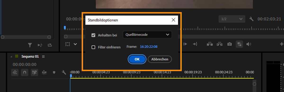 Dialog „Standbildoptionen“ zeigt „Anhalten bei“ auf Quell-Timecode gesetzt, mit einem Frame-Timecode-Wert und der Option „Filter einfrieren“.