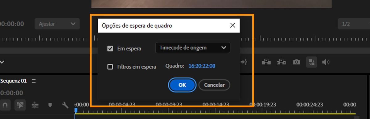 Caixa de diálogo de opções Congelar quadro mostrando Parar definido como timecode de origem, com um valor de timecode do quadro e a opção Parar filtros.