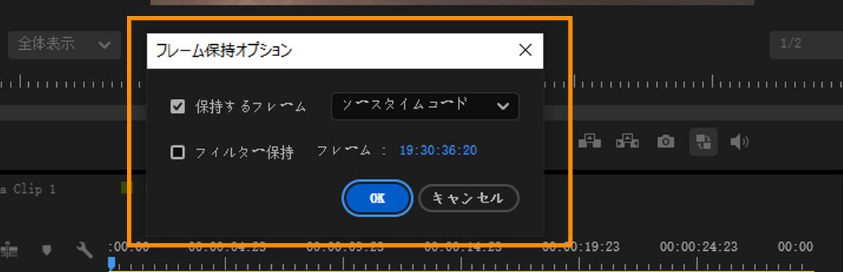 ホールドオンがソースタイムコードに設定され、フレームタイムコード値とホールドフィルターオプションが表示されている「フレームホールドのオプション」ダイアログ。