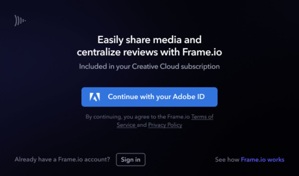 Logg på Frame.io med den eksisterende Adobe ID-en din.