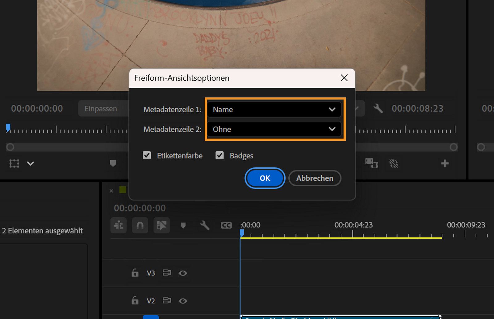 Das Dialogfeld „Freiform-Ansichtoptionen“ ist geöffnet und zeigt ausgewählte Werte für die Felder „Metadatenzeile 1“ und „Metadatenzeile 2“ sowie aktivierte Kontrollkästchen für Kennzeichnungsfarbe und Badges.