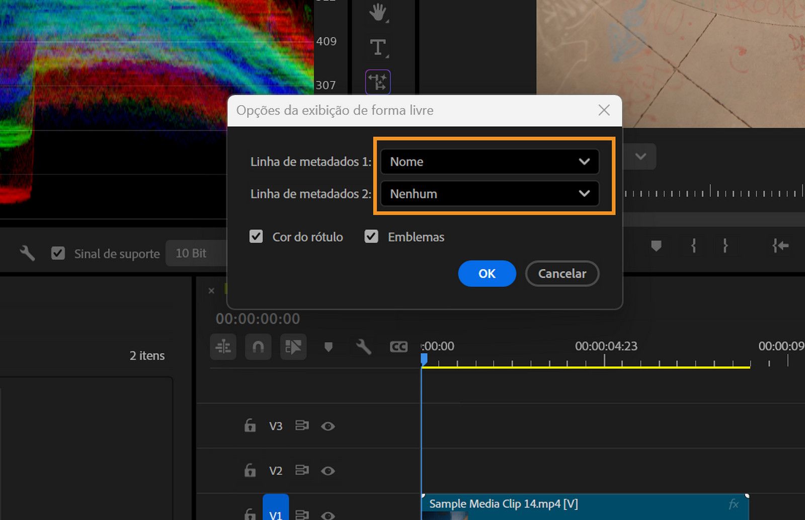 A caixa de diálogo “Opções da visualização de forma livre” está aberta, mostrando valores selecionados para os campos de linha de metadados 1 e linha de metadados 2, com as caixas de seleção “Cor do rótulo” e “Emblemas” marcadas.