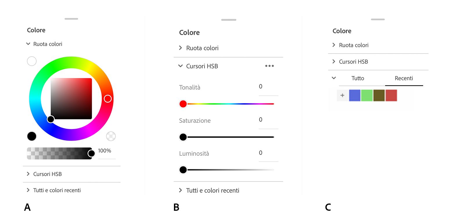 Nel pannello Colore sono disponibili tre controlli principali: ruota dei colori, cursori HSB e colori usati di recente