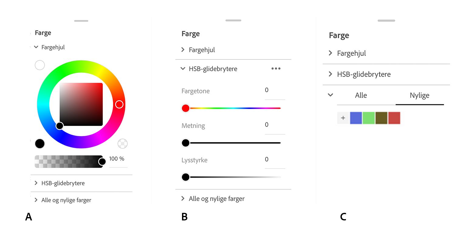 Fargepanelet har tre nøkkelkontroller: Fargehjul, HSB-glidebrytere og nylig brukte farger